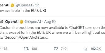 OpenAI：欧盟和英国已支持使用ChatGPT自定义指令功能